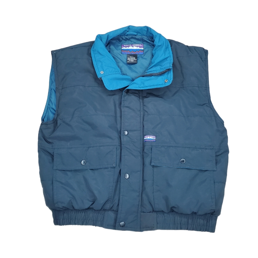 Vintage White Sierra Down Vest Size L Blue Snap Button And Zipper. Button Pocket
